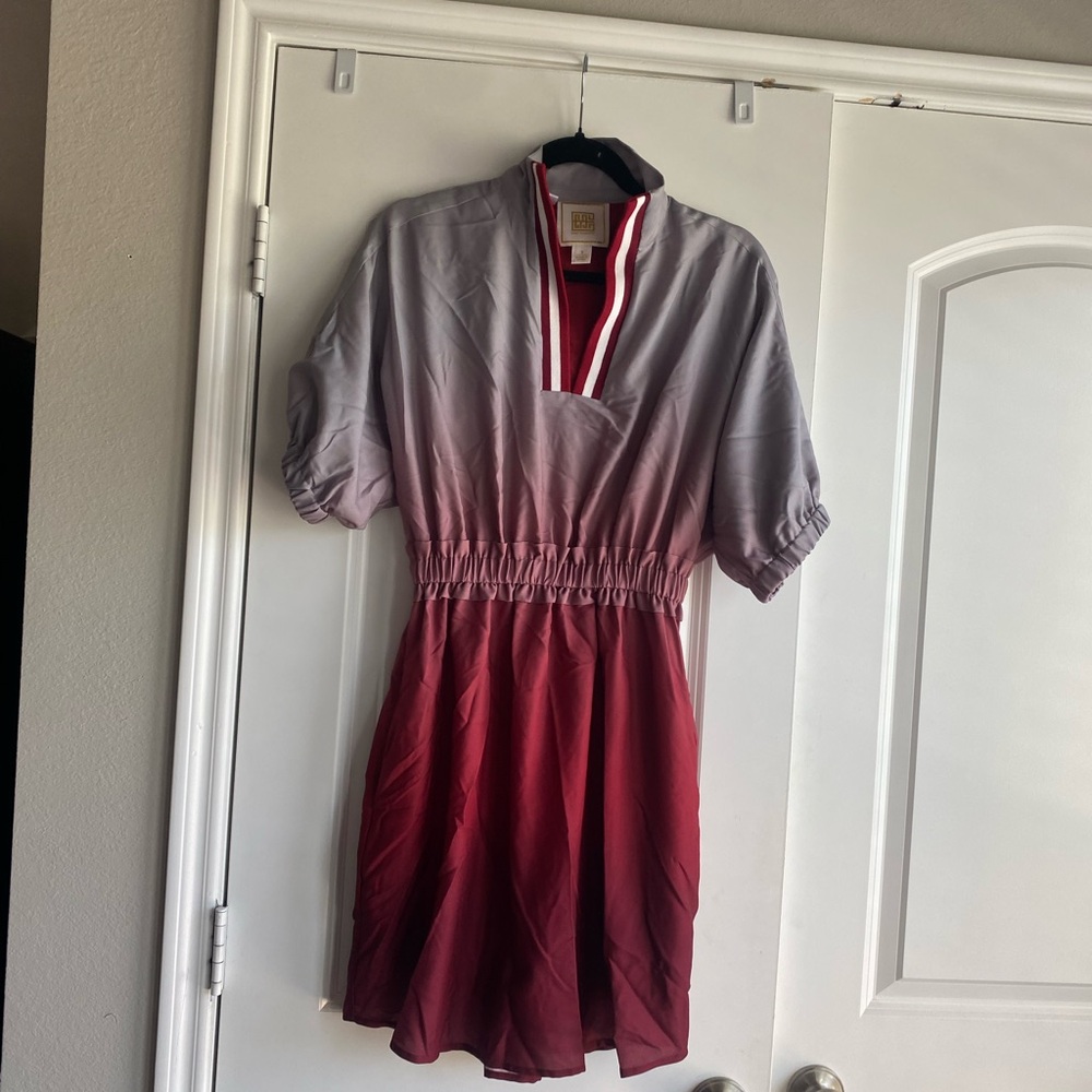 Emily McCarthy Gray and Red Short Sleeve Dress